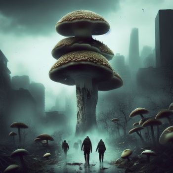 group of people walking through a forest with mushrooms on the ground and a city in the background with tall buildings