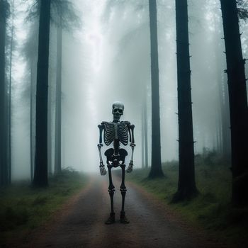 skeleton standing in the middle of a forest with trees in the background and fog in the air