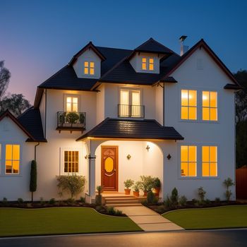 white house with a red door and windows at night with lights on the windows and a green lawn