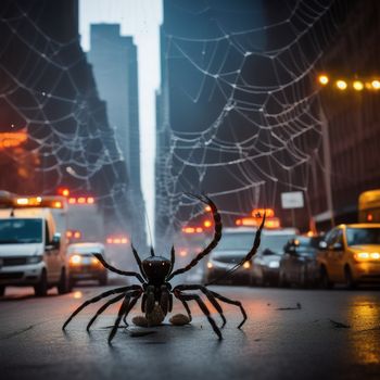 spider crawling on the ground in a city street at night with cars and buildings in the background and a spider web covering the ground