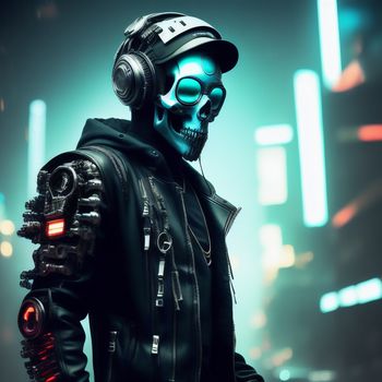 man in a black jacket and headphones standing in a city at night with a neon glow on his face