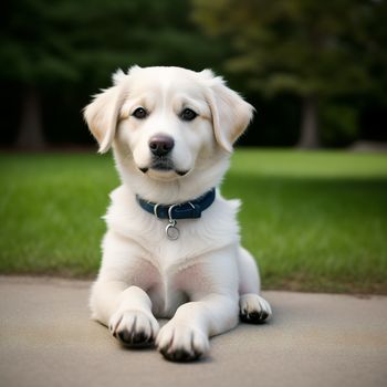 white dog sitting on a sidewalk in a park with grass in the background and trees in the background