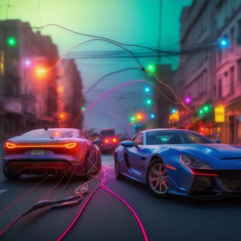 couple of cars driving down a street next to a traffic light at night with neon lights on the street