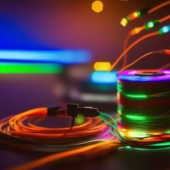 close up of a colorful wire and a cord with a light on it and a blurry background