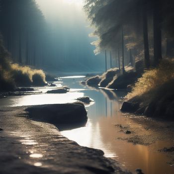 river running through a forest filled with trees and rocks under a sunbeamed sky with a beam of light