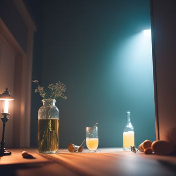 table with a vase of flowers and a bottle of liquid on it with a candle next to it