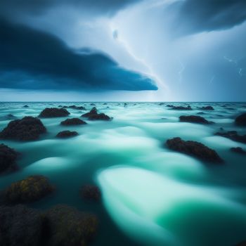 large body of water with rocks in the foreground and a storm in the background with a lightning in the sky