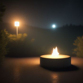 lit candle sitting on top of a table under a street light at night time with a full moon in the background