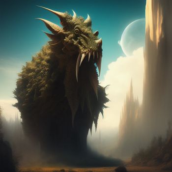 dragon with horns and a huge head standing in a field of grass and rocks with a sky background