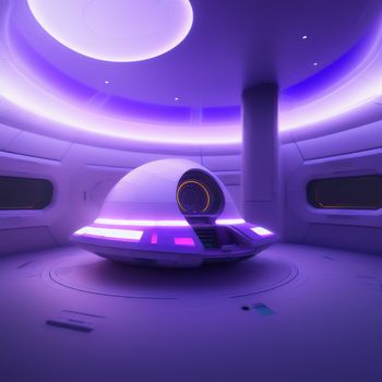 futuristic space station with a large white object in the center of the room and a purple light on the ceiling