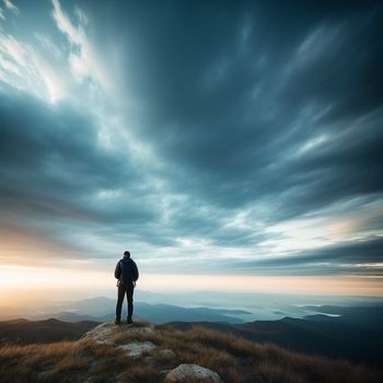 man standing on top of a hill with a backpack on his back and a cloudy sky above him