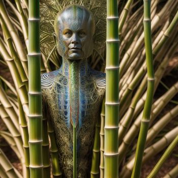 statue of a man is surrounded by bamboo stalks and bamboo stalks in a garden area with a large green plant