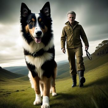 man walking a dog on a leash in a field with a dog on a leash in front of him