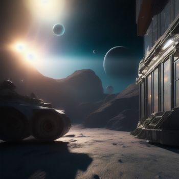 futuristic vehicle driving past a building on a planet with a sun in the background and a distant object in the sky