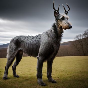 dog with horns standing in a field with a cloudy sky in the background and a mountain in the distance