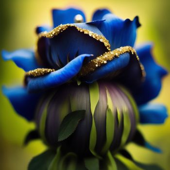 blue flower with gold glitters on it's petals and leaves on a green stem with a blurry background