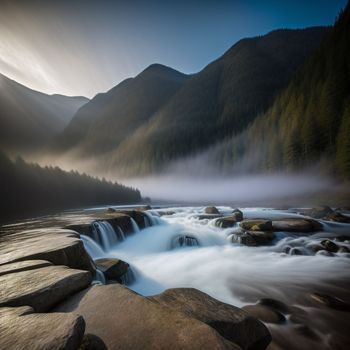 river with a waterfall surrounded by rocks and trees in the background with a foggy sky above it