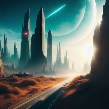 futuristic landscape with a road and a distant city on the horizon of a distant planet with a distant star