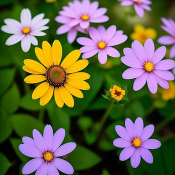 group of purple and yellow flowers with green leaves in the background and a yellow center in the middle