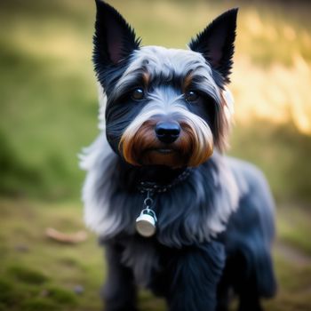 dog with a collar and a tag on it's collar standing in the grass with a blurry background