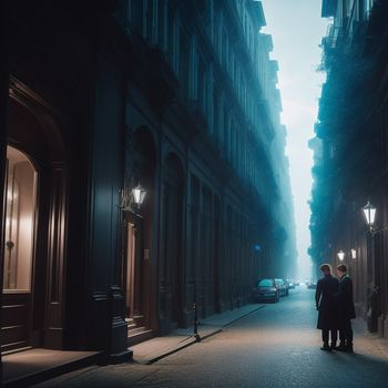 two people standing on a street in the middle of a city at night with a car parked on the side of the street