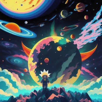 painting of a man standing on a mountain looking at planets and stars in the sky above him is a giant planet