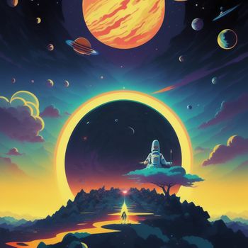 painting of a space station in the sky with planets around it and a man standing on a hill