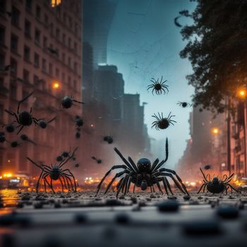 group of spider webs in a city street at night time with lights on and a spider crawling on the ground