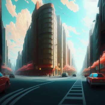 painting of a city street with cars driving down it and a building in the background with a sky background