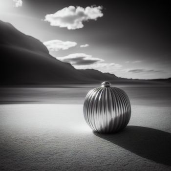 black and white photo of a ball on the ground with a mountain in the background and a cloudy sky