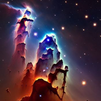 colorful picture of a mountain with stars in the sky and a blue and red sky with stars in the sky