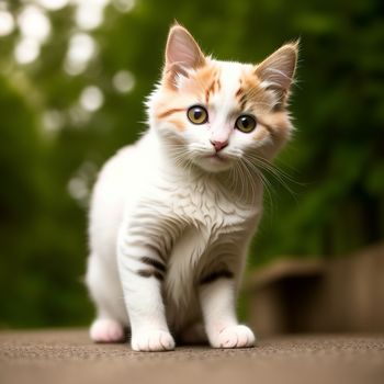 small white and orange kitten sitting on a table outside with trees in the background and a green bush behind it