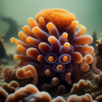 close up of a sea anemone on a coral reef with other sea life around it and a green background