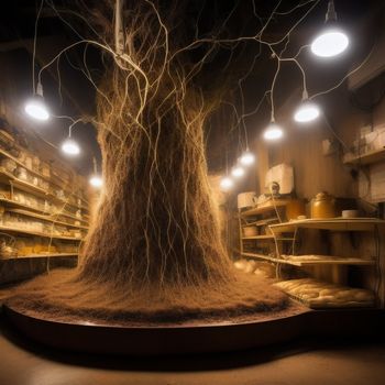 tree with roots growing out of it in a store filled with shelves and shelves of bread and pastries