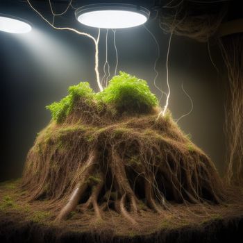 moss covered tree stump with two lamps above it and a light in the background that is suspended above