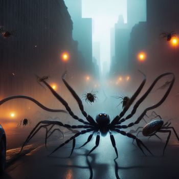 large spider crawling through a city street at night with lights on it's sides and a bug crawling on the ground