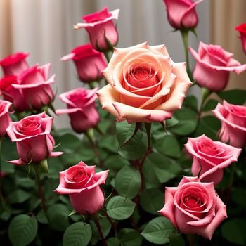 bunch of pink roses with green leaves in a vase on a table top with a curtain behind them