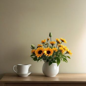 vase of sunflowers and a cup of coffee on a table in front of a wall with a light