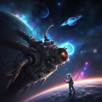 man standing on top of a space station next to a space station with planets in the background and a man holding a stick