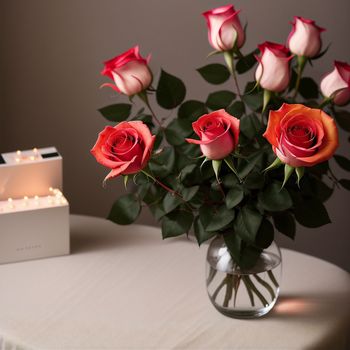 vase of roses on a table with a candle in the background and a box of candles in the background