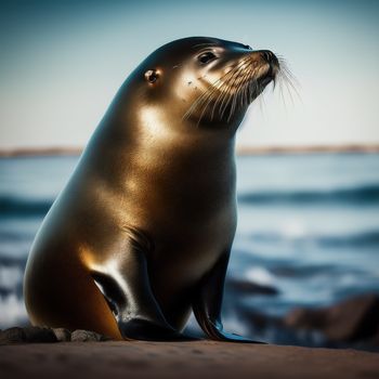 seal is sitting on the beach and looking up at the sky and water