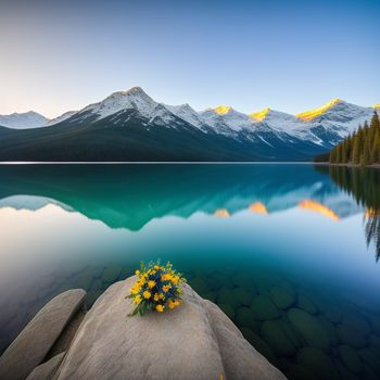 bouquet of flowers is sitting on a rock near a lake with mountains in the background and a blue sky