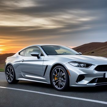 silver sports car driving down a road at sunset or dawn with a cloudy sky in the background and a mountain range in the distance