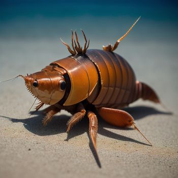 close up of a dead insect on a beach near water and sand with a blue sky in the background