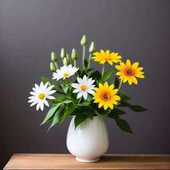 white vase filled with yellow and white flowers on a table next to a gray wall and a wooden table