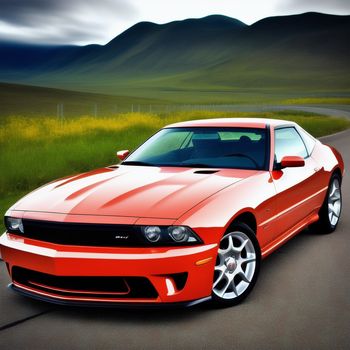 red sports car is parked on the side of the road in front of a mountain range and a green field