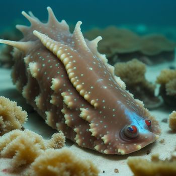 close up of a sea slug on a coral reef with seaweed and other corals in the background