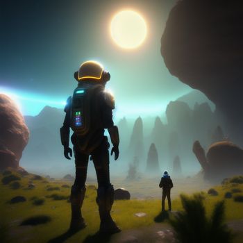 man standing in a field next to a giant alien like creature in a futuristic environment with a sun in the background