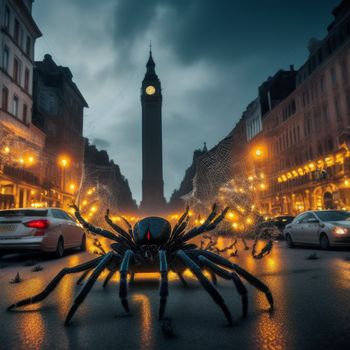 large spider crawling through a city street at night with a clock tower in the background at night time