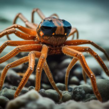 close up of a spider on a rock with water in the background and a blurry background behind it